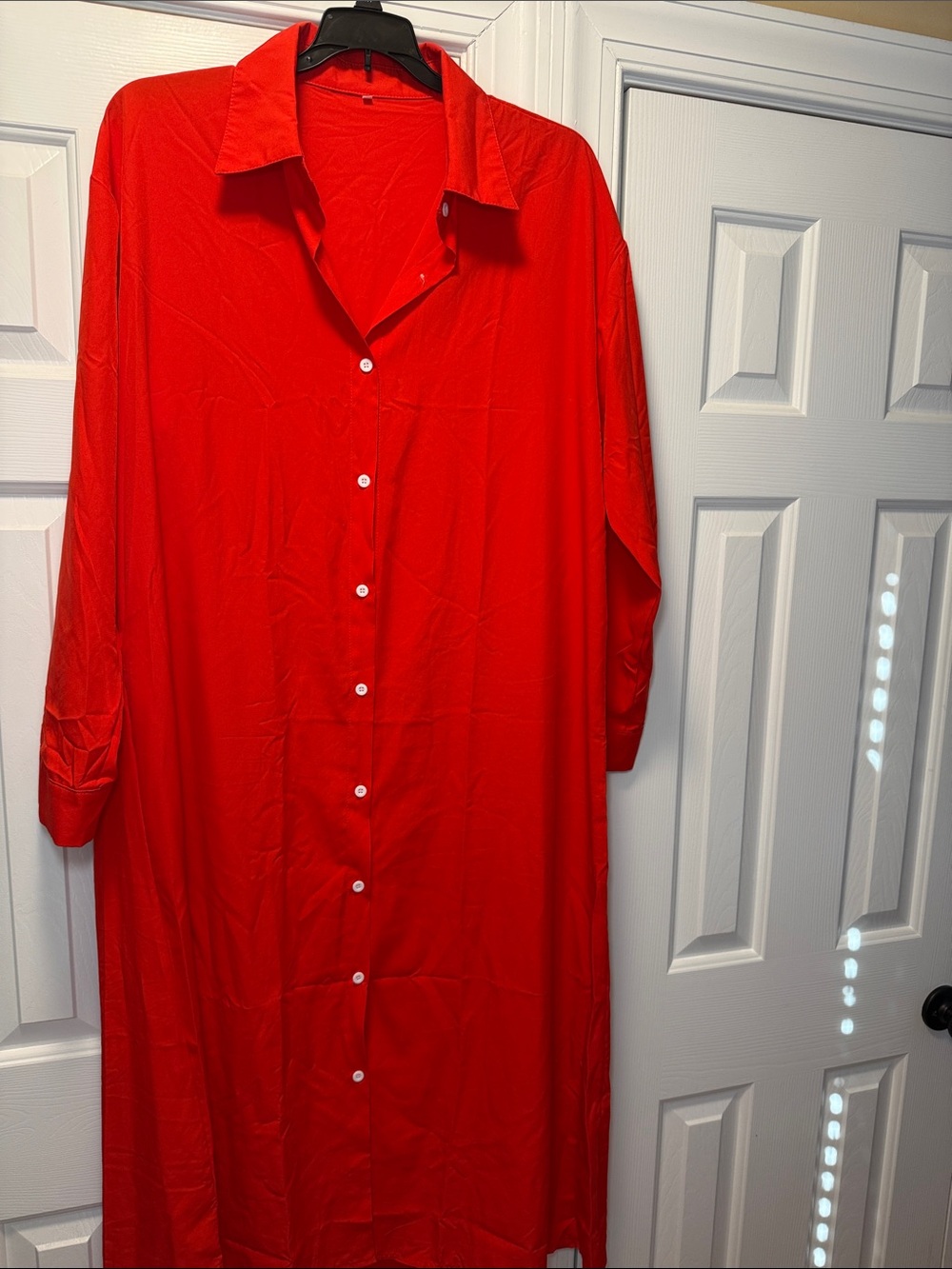 Red Long Sleeve Button-Down Shirt Dress